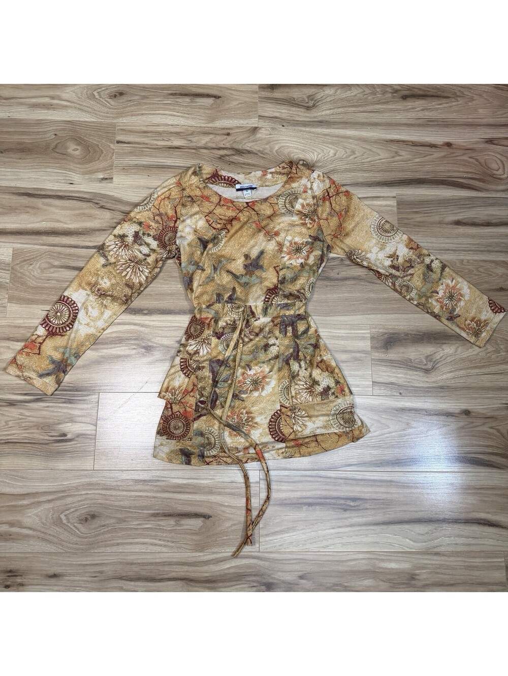 Vintage Neville Wilson Brown Floral Tunic Top Blouse S Y2K Boho
